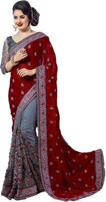 Maroon Vichitra Silk And Net Embriodered Saree With Blouse Piece. 1