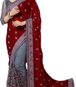 Maroon Vichitra Silk And Net Embriodered Saree With Blouse Piece.
