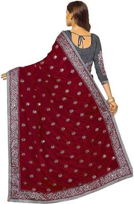 Maroon Vichitra Silk And Net Embriodered Saree With Blouse Piece. 2