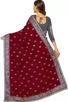 Maroon Vichitra Silk And Net Embriodered Saree With Blouse Piece.