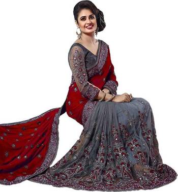 Maroon Vichitra Silk And Net Embriodered Saree With Blouse Piece. 3