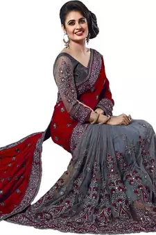 Maroon Vichitra Silk And Net Embriodered Saree With Blouse Piece.