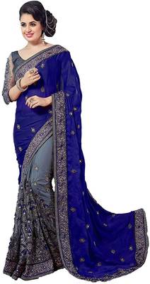 Blue Vichitra Silk And Net Embriodered Half Half Saree With Blouse Piece. 1