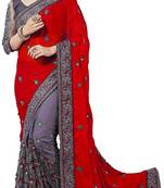 Red Vichitra Silk And Net Embriodered Half Half Saree With Blouse Piece.