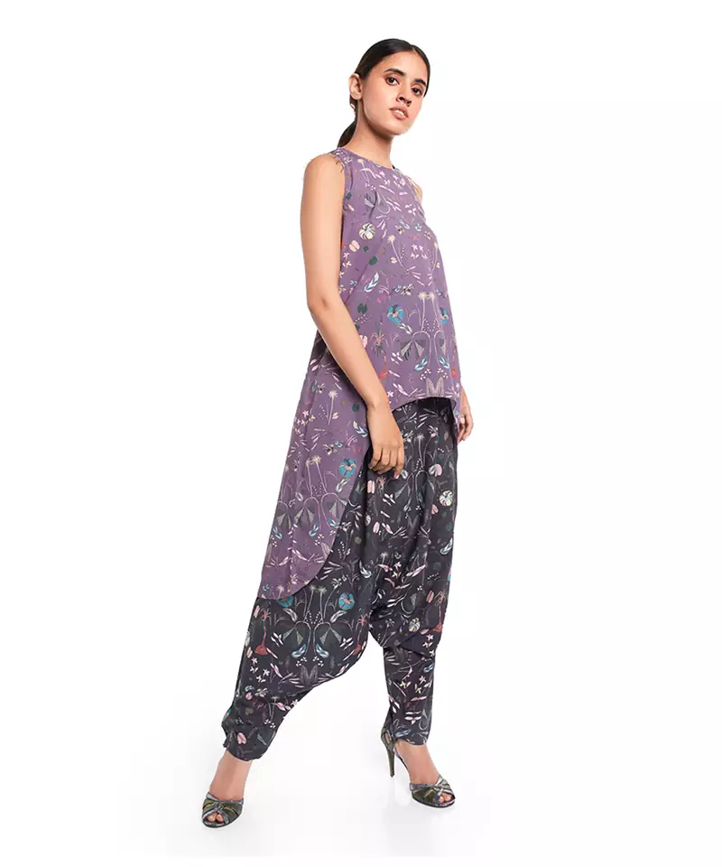 Black Crepe printed   Kurta       Low Crotch Pant