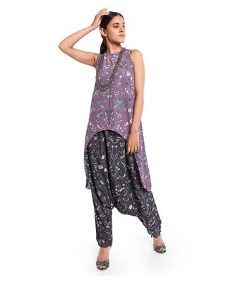 Black Crepe printed Kurta Low Crotch Pant 1