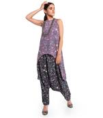 Black Crepe printed Kurta Low Crotch Pant