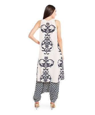 PS Pret by Payal Singhal Blush Colour Printed Art Crepe Kurta with Black Colour Printed Art Crepe Low Crotch Pant 3