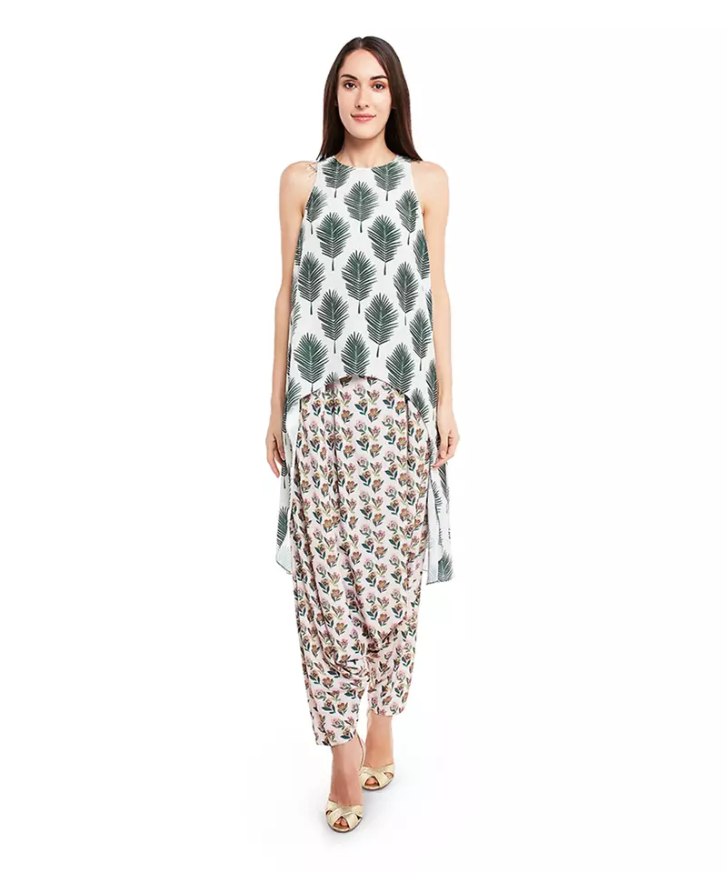 Cream Crepe printed   Kurta       Low Crotch Pant