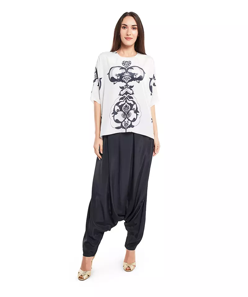 White Crepe printed   kurti with pant