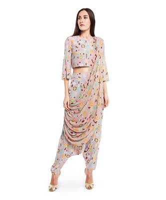 PS Pret by Payal Singhal Lavender Colour Printed Crepe Top with Low Crotch Pant and Art Georgette Attached Drape Dupatta 1