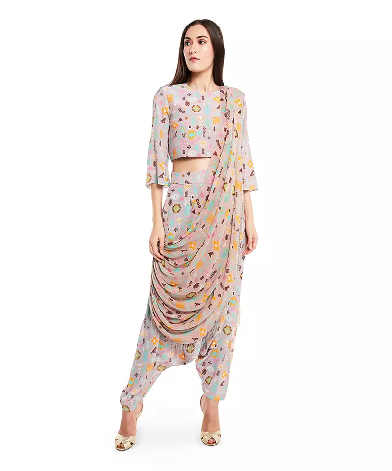 Lavender Crepe printed   kurti with pant     Dupatta