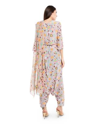 PS Pret by Payal Singhal Lavender Colour Printed Crepe Top with Low Crotch Pant and Art Georgette Attached Drape Dupatta 3