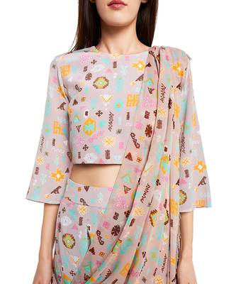 PS Pret by Payal Singhal Lavender Colour Printed Crepe Top with Low Crotch Pant and Art Georgette Attached Drape Dupatta 4