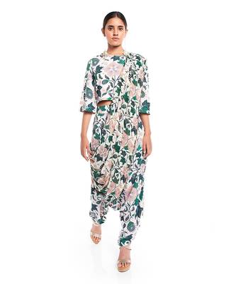PS Pret by Payal Singhal White Printed Art Crepe Crop Top and Low Crotch pant with Attached Art Georgette Drape Dupatta 1