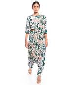 PS Pret by Payal Singhal White Printed Art Crepe Crop Top and Low Crotch pant with Attached Art Georgette Drape Dupatta