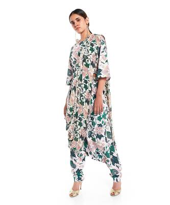 PS Pret by Payal Singhal White Printed Art Crepe Crop Top and Low Crotch pant with Attached Art Georgette Drape Dupatta 2