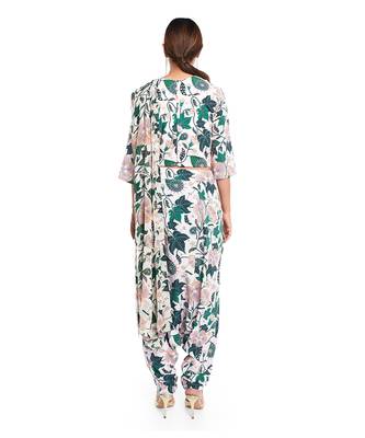 PS Pret by Payal Singhal White Printed Art Crepe Crop Top and Low Crotch pant with Attached Art Georgette Drape Dupatta 3