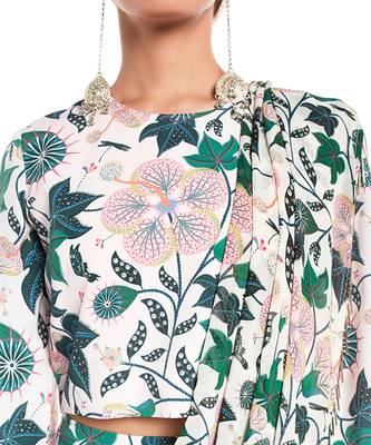 PS Pret by Payal Singhal White Printed Art Crepe Crop Top and Low Crotch pant with Attached Art Georgette Drape Dupatta 4