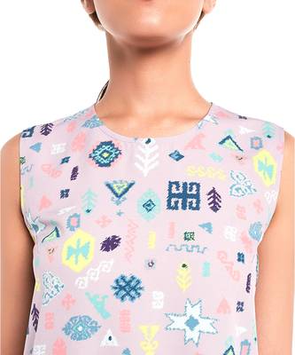 PS Pret by Payal Singhal Lavender Lime Colour Printed Art Crepe Sleeveless Frill Hem Tunic 4