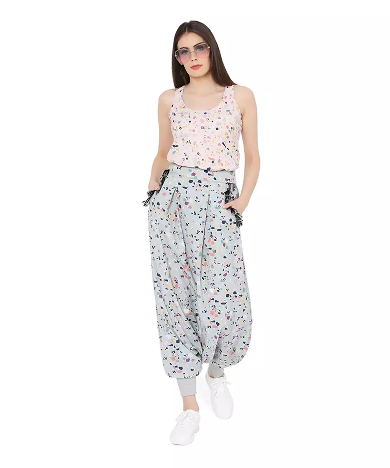 pink crepe printed   Top      Low Crotch Pant