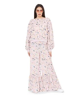 PS Pret by Payal Singhal Pink Colour Printed Art Crepe Oversized Top with Frill Palazzo 1