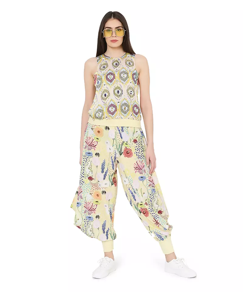Yellow crepe printed   kurti     Bustier      Cowl Pant