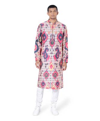 PS Men by Payal Singhal Red Colour Printed Dupion Silk Bomber Kurta with Off White Colour Cotton Silk Churidar 1