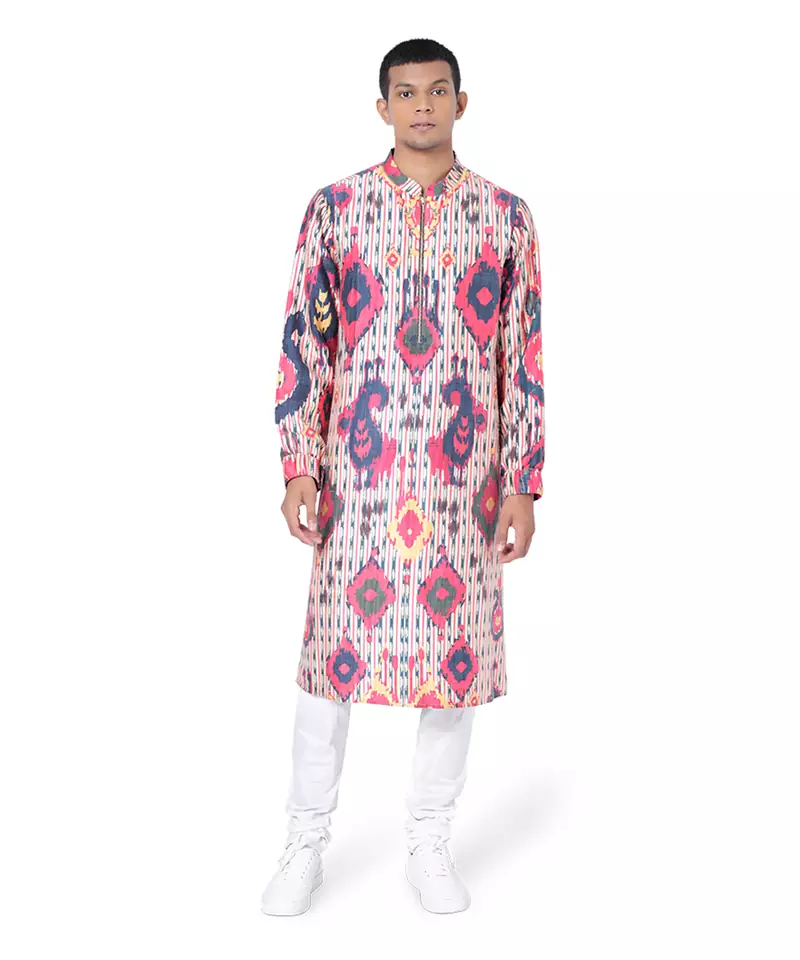Red Printed Dupion Silk Bomber Kurta with Off White Cotton Silk Churidar