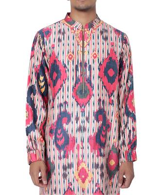 PS Men by Payal Singhal Red Colour Printed Dupion Silk Bomber Kurta with Off White Colour Cotton Silk Churidar 4