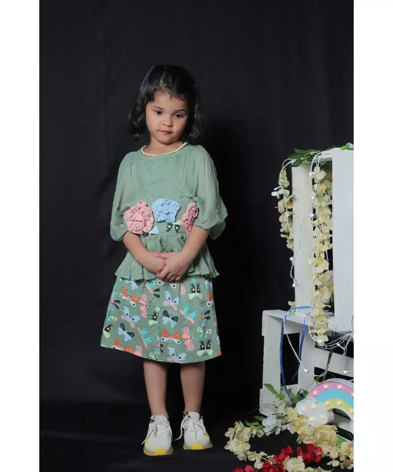 Green Peplum top with Butterfly Skirt