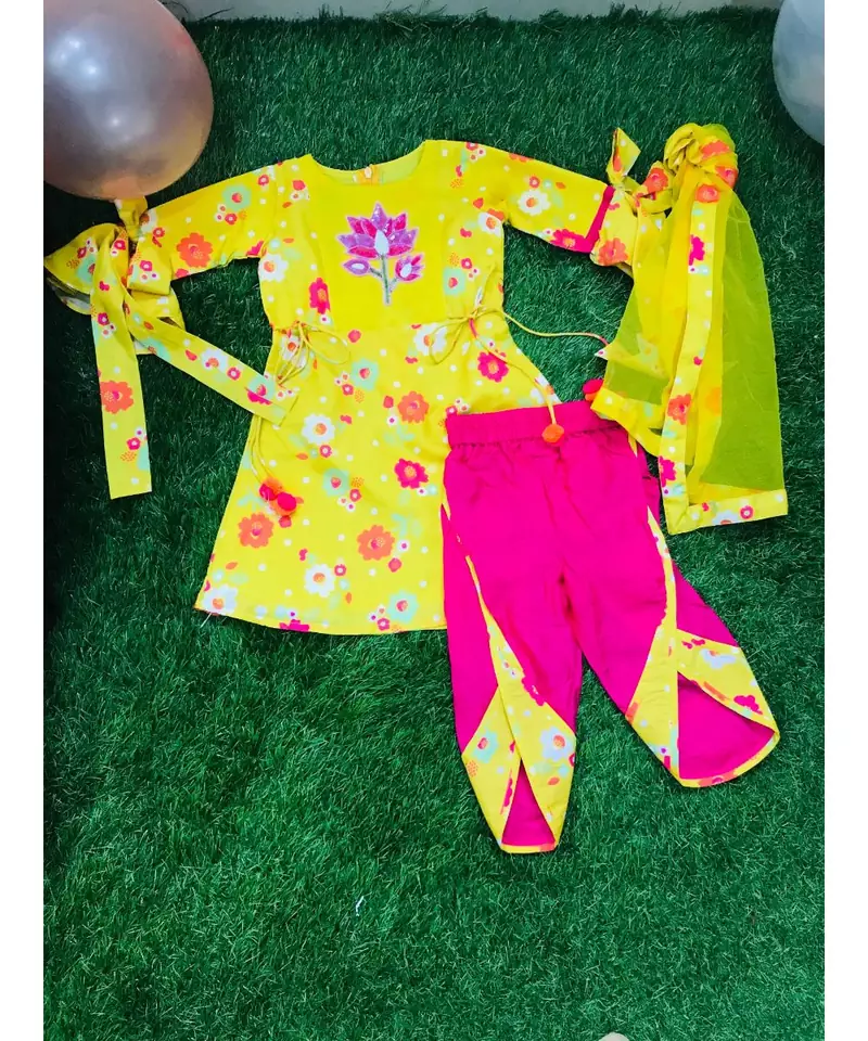 Flower Printed Kurta with Dhoti and Dupatta