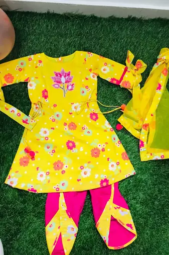 Flower Printed Kurta with Dhoti and Dupatta
