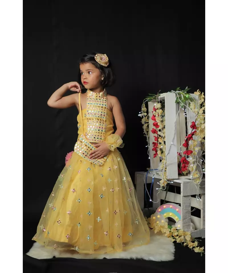 Faux Mirror Work top with Ghagra and Purse