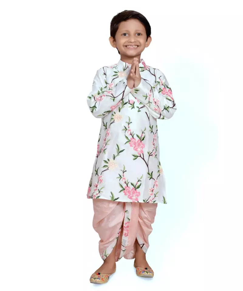 White Embroidered Floral Kurta with Dhoti