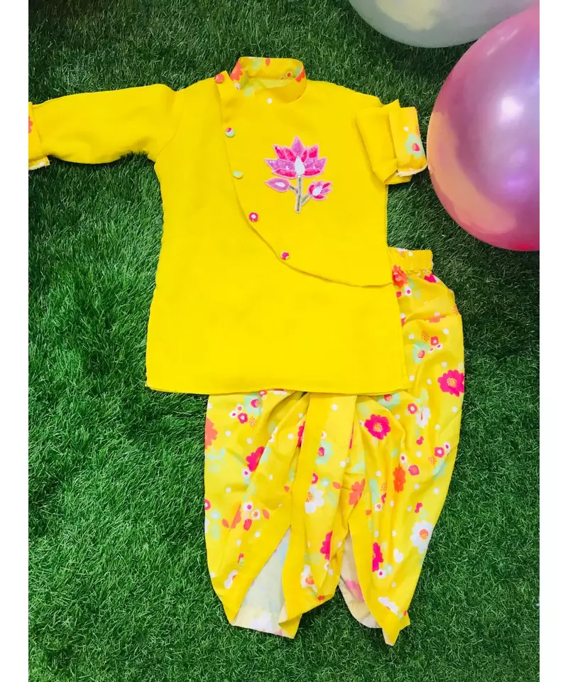 Lotus Embroidered Kurta with Printed Dhoti