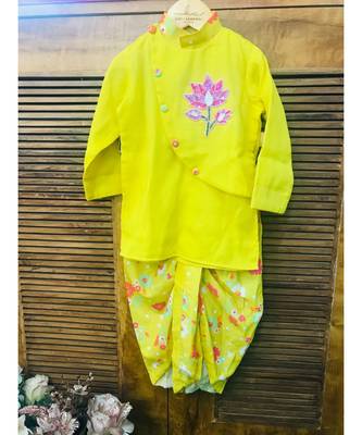 Lotus Embroidered Kurta with Printed Dhoti 3