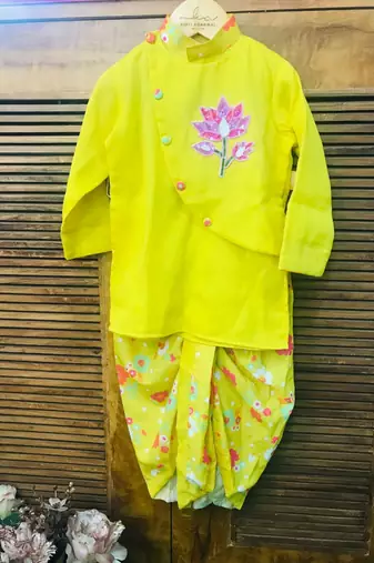 Lotus Embroidered Kurta with Printed Dhoti