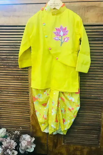 Lotus Embroidered Kurta with Printed Dhoti