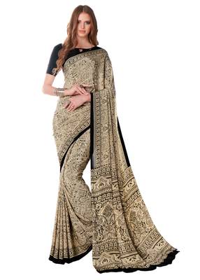 Beige printed crepe saree with blouse 1