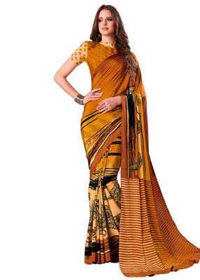 Yellow Printed Crepe Saree With Blouse 1