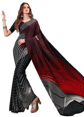 Black printed crepe saree with blouse 1
