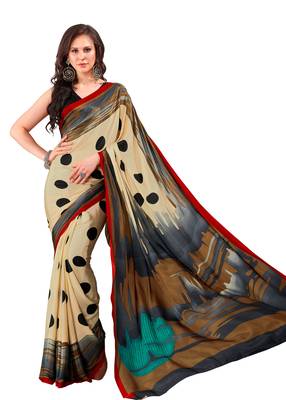 Beige printed crepe saree with blouse 1