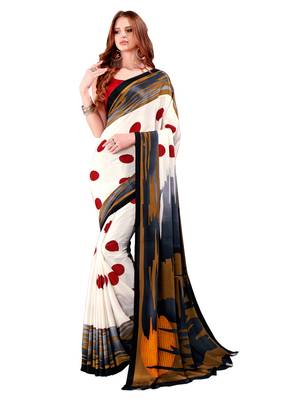 White printed crepe saree with blouse 1