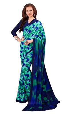 Blue Printed Crepe Saree With Blouse 1