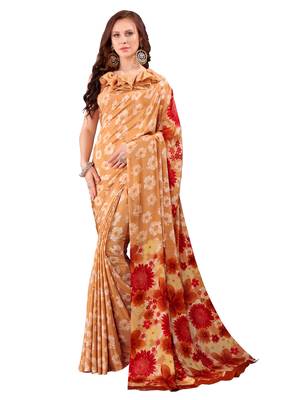 Beige Printed Crepe Saree With Blouse 1