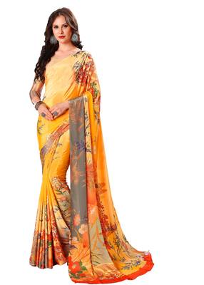 Yellow printed crepe saree with blouse 1