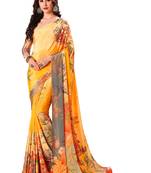 Yellow printed crepe saree with blouse