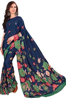 Blue printed crepe saree with blouse