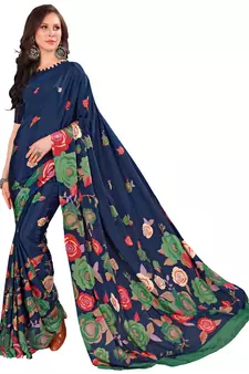 Blue printed crepe saree with blouse